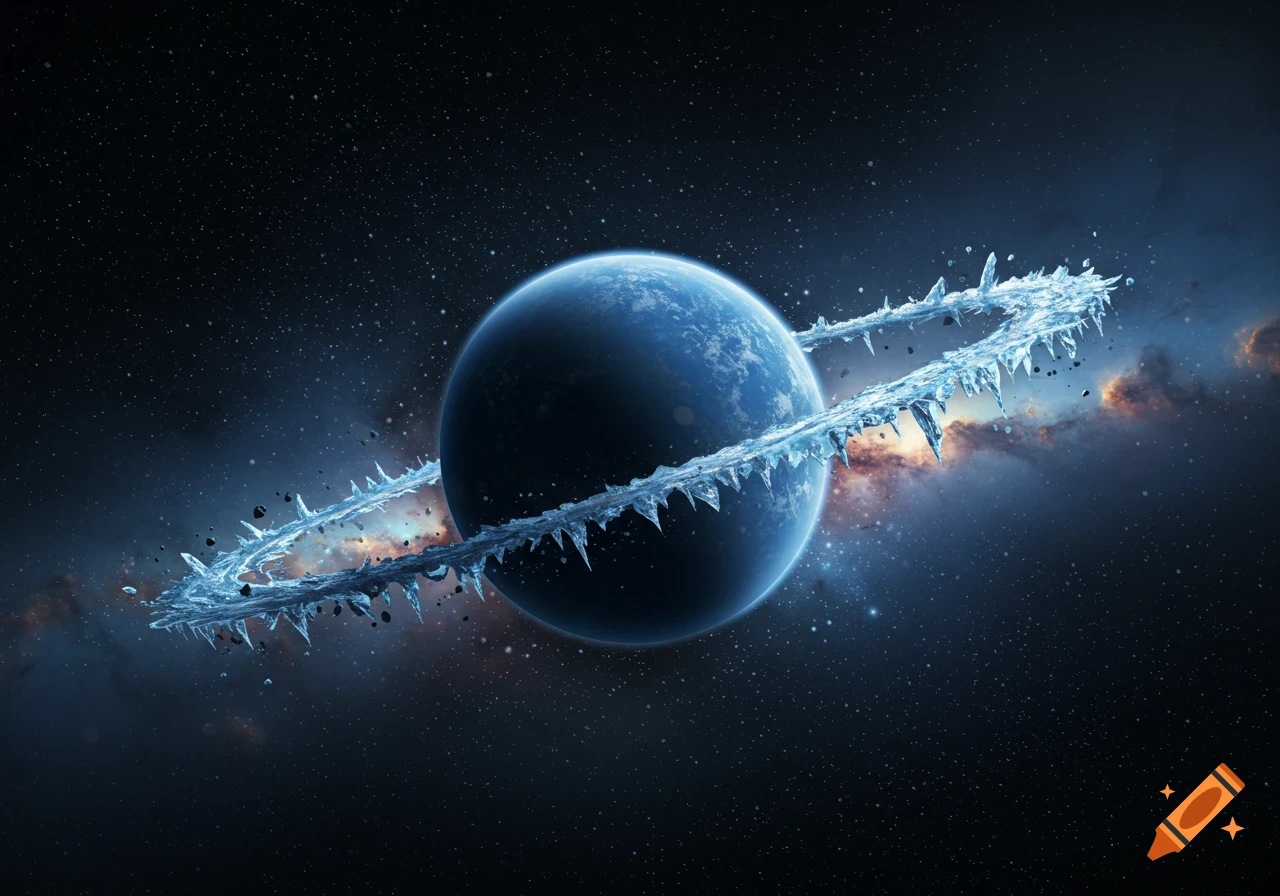 A blue planet with sharp, jagged icicle rings orbits in a dark, star-filled space with a distant nebula.