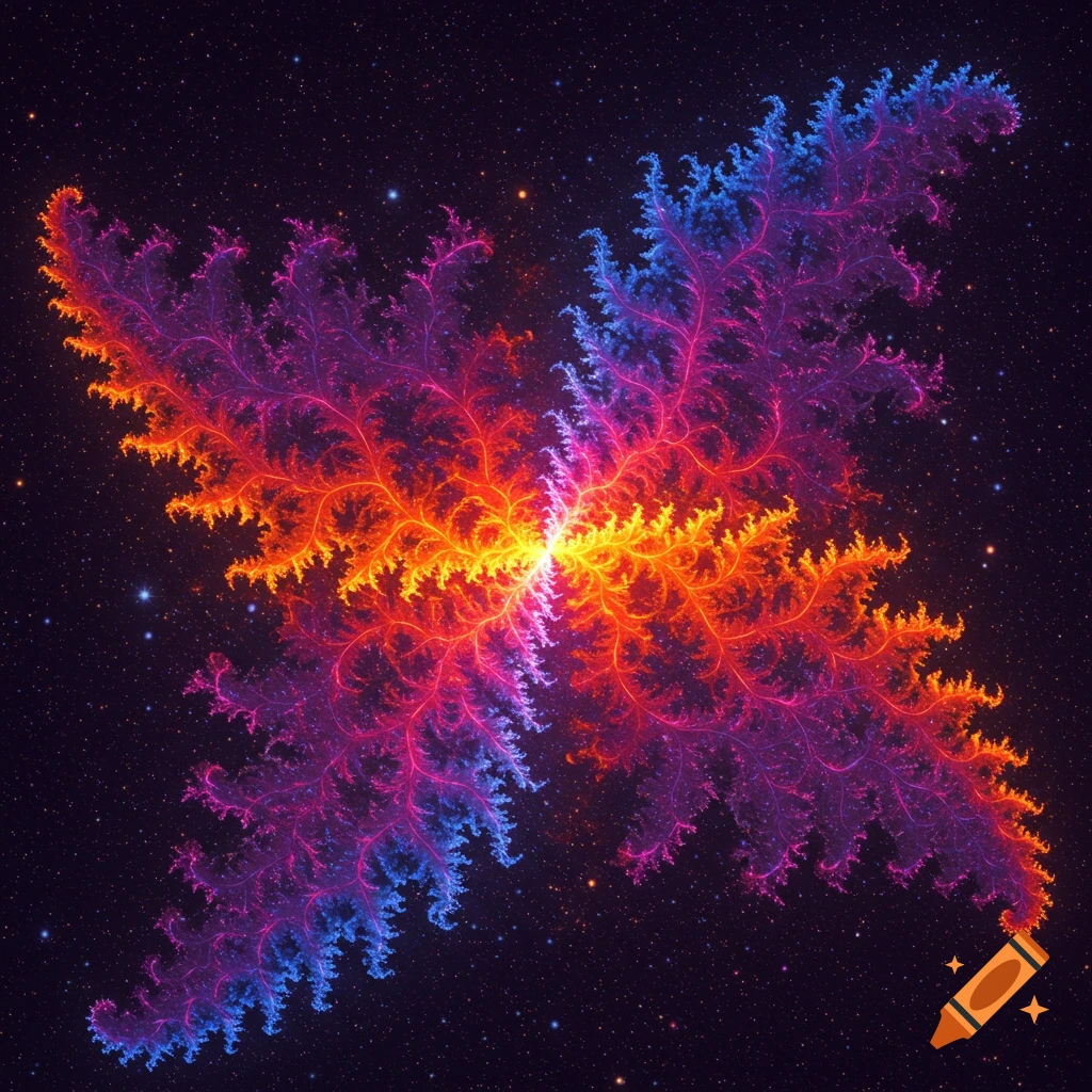 A vibrant, symmetrical fractal bursts with feathery branches of glowing red, orange, pink, and blue against a starry dark space.