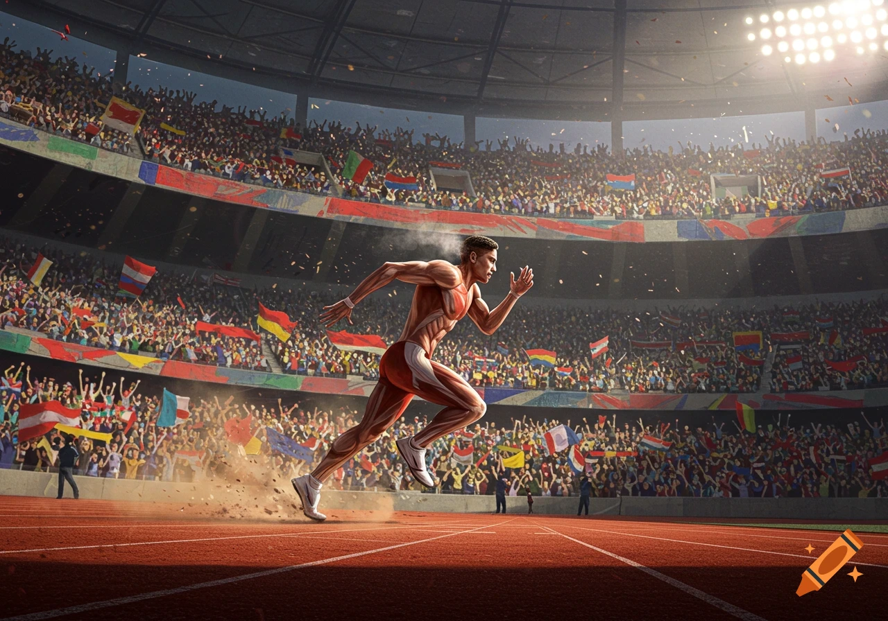A muscular runner with detailed anatomy sprints on a red track in a packed, brightly lit stadium, cheered by a crowd holding flags.