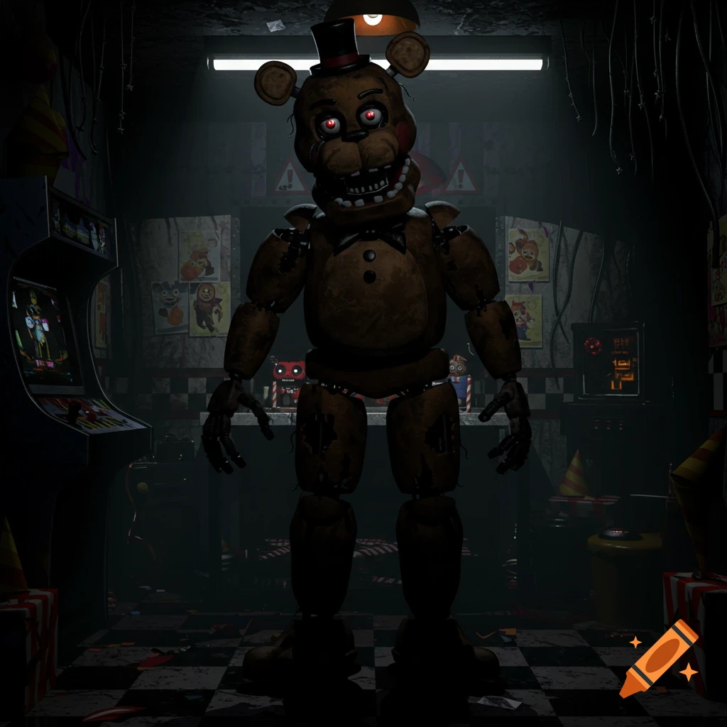 A creepy brown animatronic bear with red glowing eyes and a top hat stands in a dark, dilapidated arcade room.