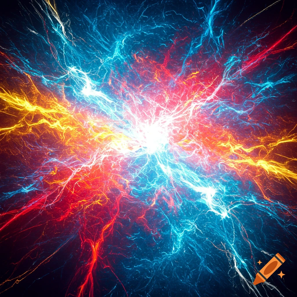 A vibrant abstract image showing a central white light bursting outwards with tangled red, blue, and yellow energy streams on a dark background.