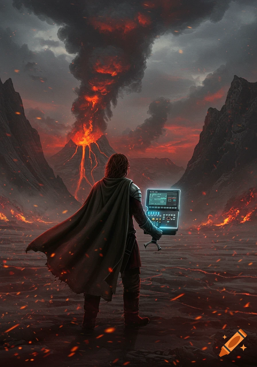 A cloaked figure holds a glowing tech device, facing an erupting volcano with a fiery, dark sky.