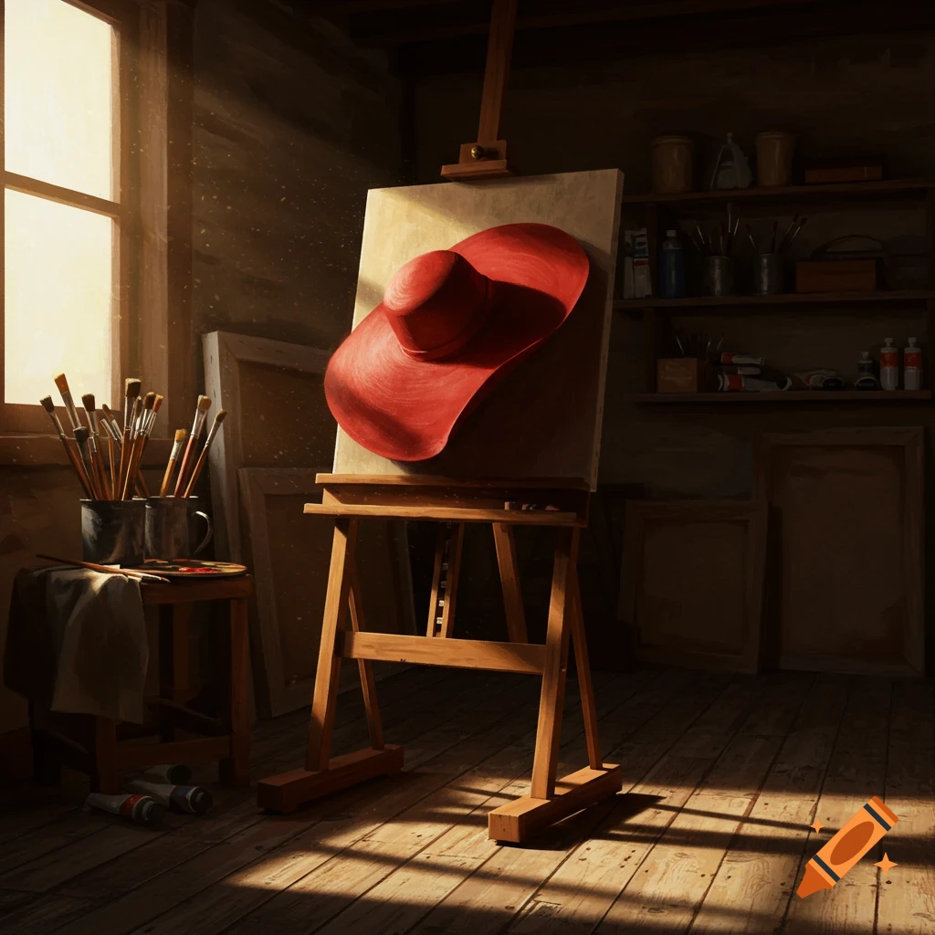 An art studio scene with a red hat on an easel, brushes, and art supplies, lit by a window, in a painterly style.