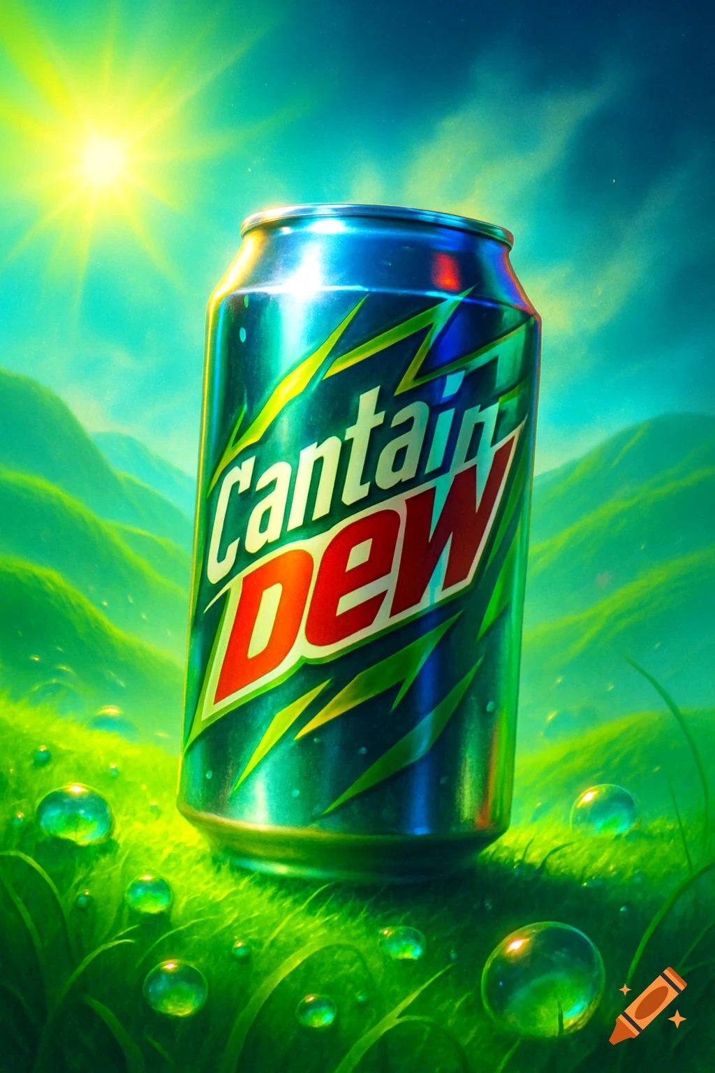A vibrant "Cantain DEW" soda can stands in bright green grassy hills under a sunny sky, with water droplets on the grass.