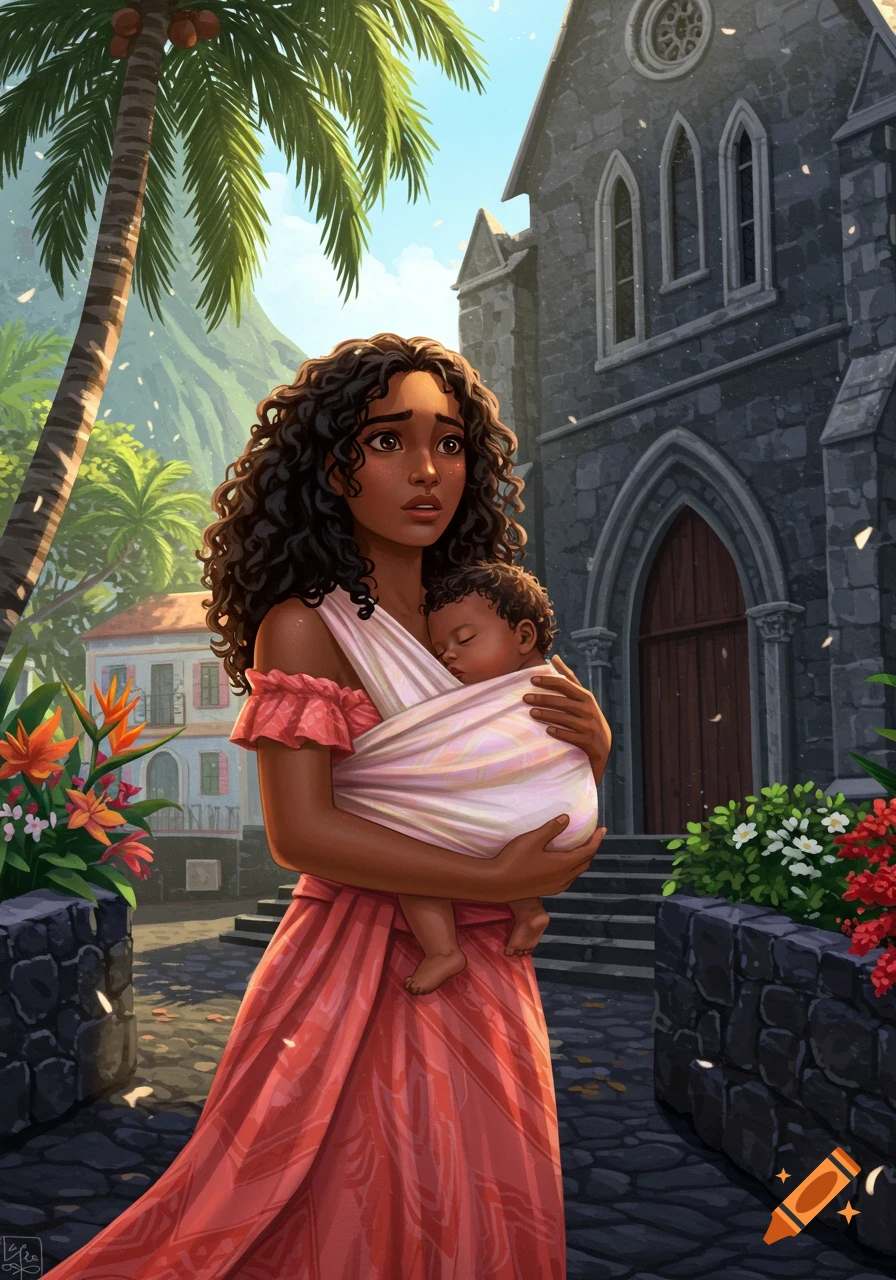 Digital illustration of a nervous young woman holding a baby in a sling outside a stone church in a tropical setting.