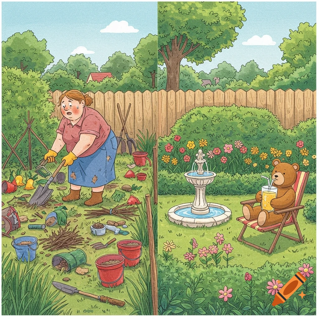 A children's illustration of two gardens: one messy with a woman shoveling, the other neat with a fountain and a teddy bear drinking juice.
