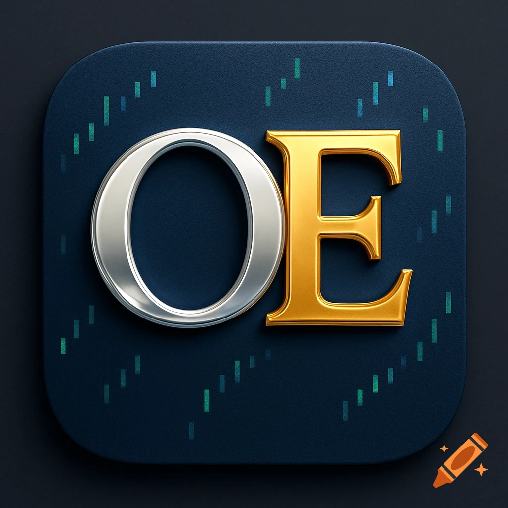 A dark blue rounded app icon featuring a silver 3D letter 'O' and a gold 3D letter 'E', with subtle green stock chart lines in the background.