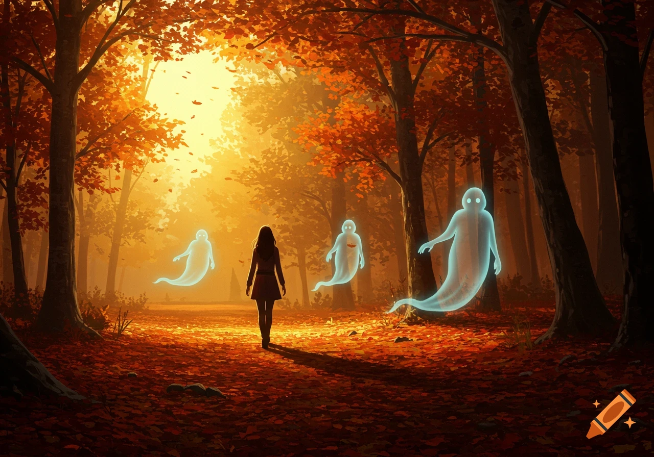 A woman walks through a glowing autumn forest with red and orange leaves, followed by three transparent, glowing ghosts.