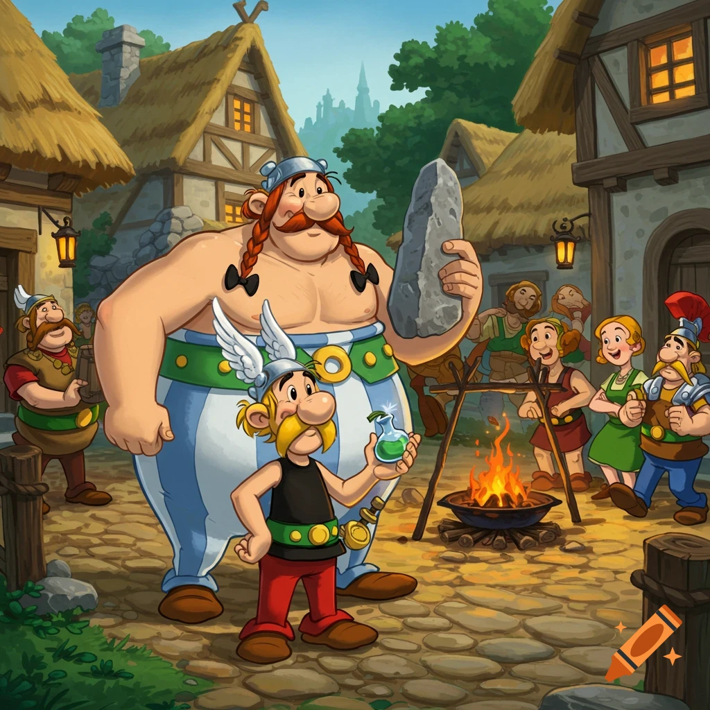 Asterix and Obelix, along with other villagers, gathered around a campfire in their village. Obelix holds a menhir, Asterix a potion.