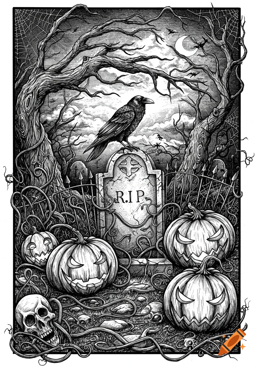 Black and white ink drawing of a spooky Halloween graveyard with a raven on an "R.I.P." tombstone, jack-o'-lanterns, and a skull.