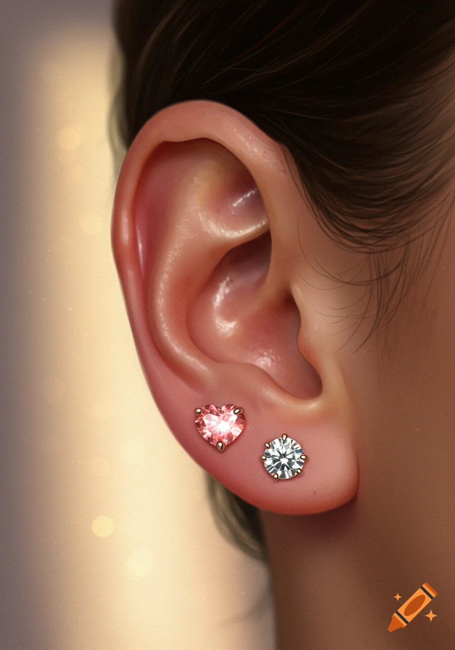 Close-up of an earlobe adorned with a sparkling pink heart-shaped earring and a round diamond stud, against a soft, warm background.