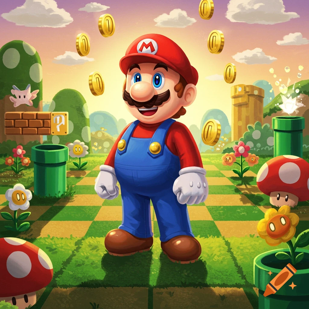 Cartoon Mario stands on a green checkered path amidst pipes, mushrooms, a question block, and floating coins under a vibrant sky.