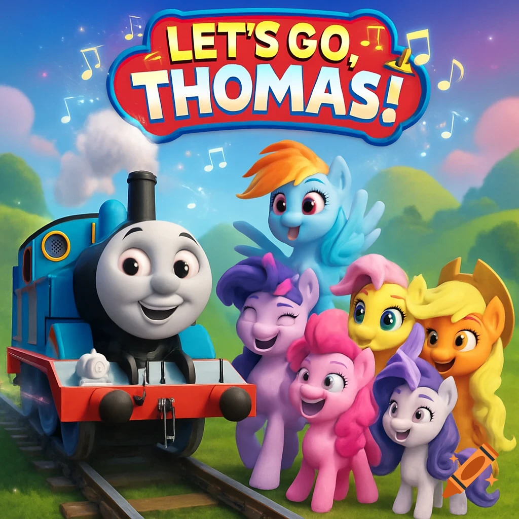 CGI image of Thomas the Tank Engine on tracks with six My Little Pony characters beside him, under a 'Let's Go, Thomas!' logo.