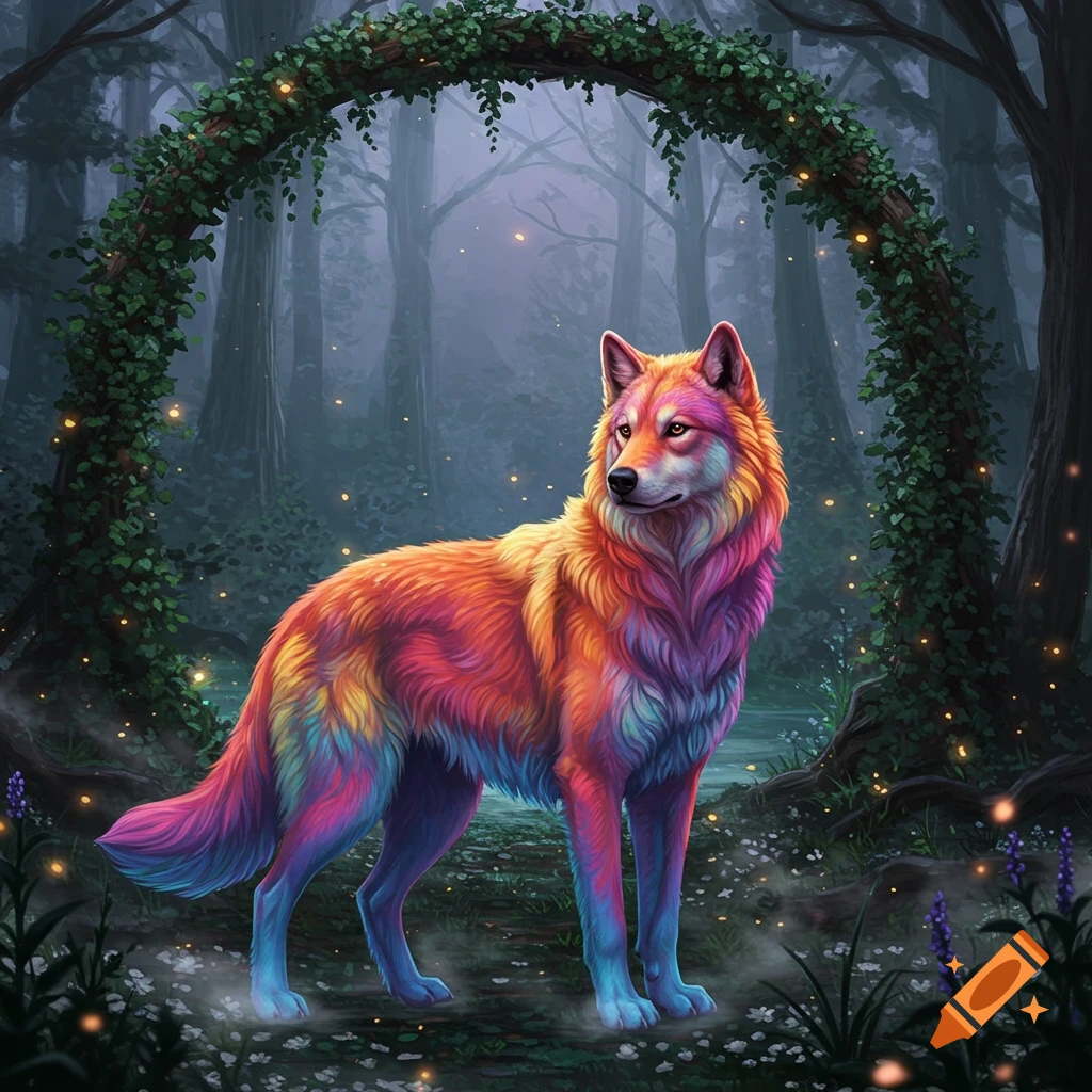A vibrant rainbow wolf stands in a magical, dark forest with glowing ...