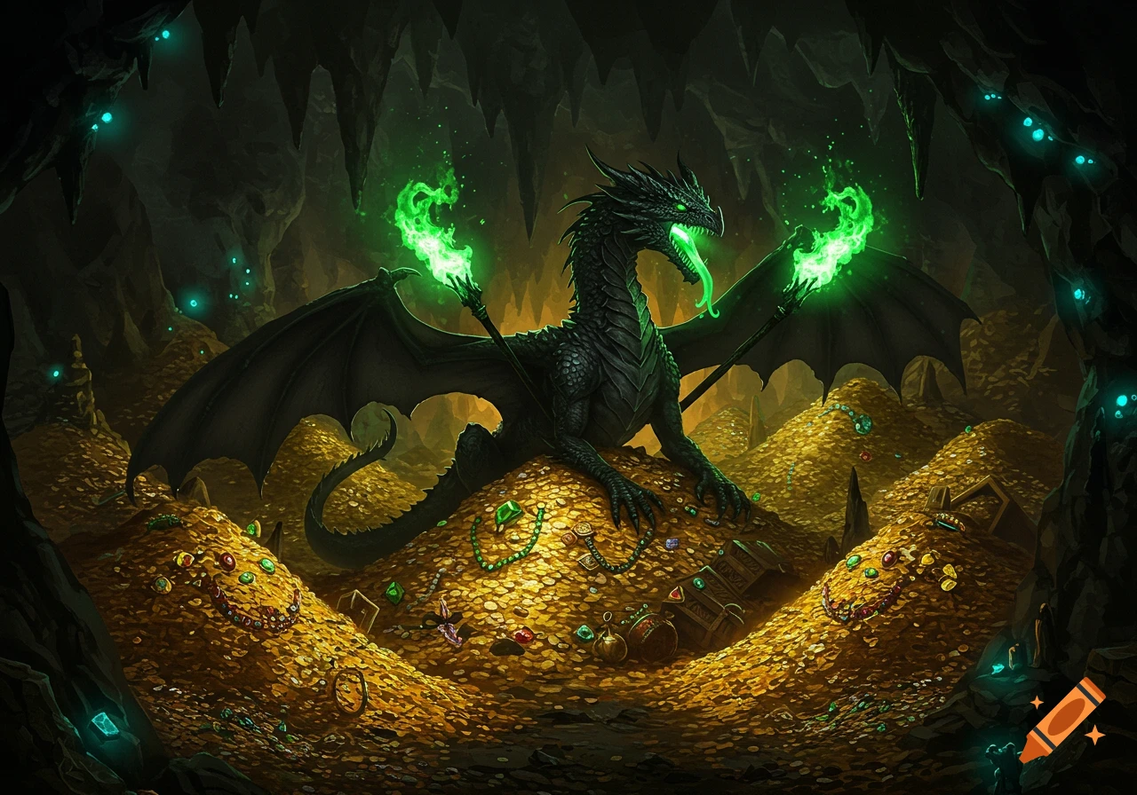 A black dragon with green flames sits on a huge pile of gold and gems inside a dark cave.