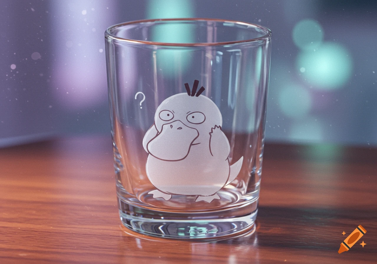 A clear glass on a wooden table features a white outline drawing of the Pokémon Psyduck looking confused with a question mark above its head.