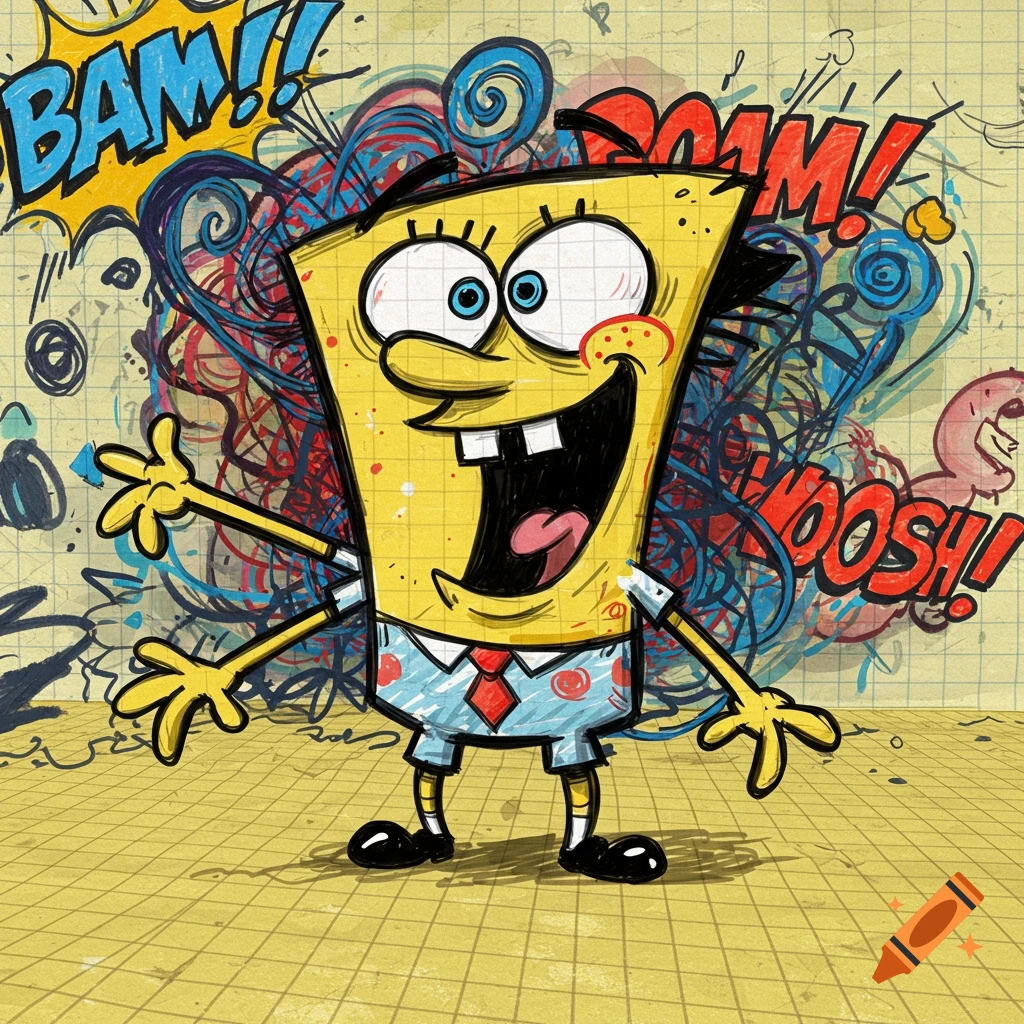 DoodleBob, a yellow cartoon character, stands smiling in a doodle and graffiti style with 'BAM!!', 'BOOM!', and 'WOOSH!' speech bubbles.