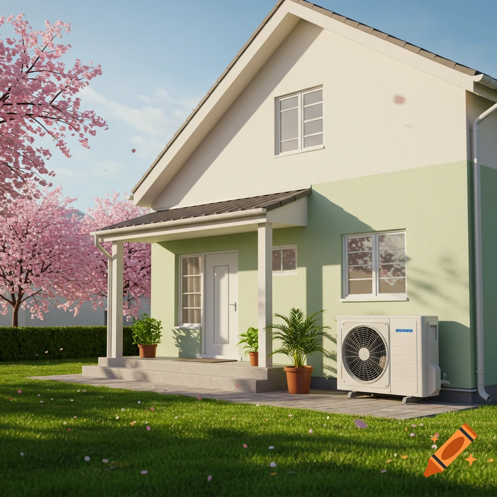 A photorealistic house with a heat pump, green lawn, and pink cherry blossom trees on a sunny spring day.