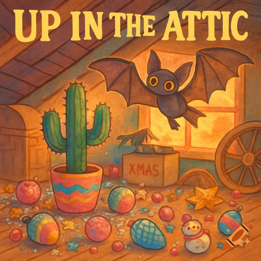 A cartoonish, painterly illustration of a bat flying in a dusty attic with a potted cactus, an 'XMAS' box, and colorful Christmas ornaments on the floor. Text reads 'UP IN THE ATTIC'.