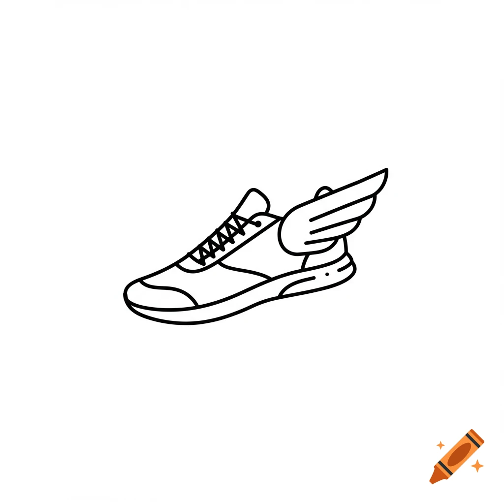 A simple black and white vector line art icon of a running shoe with a wing on its heel.