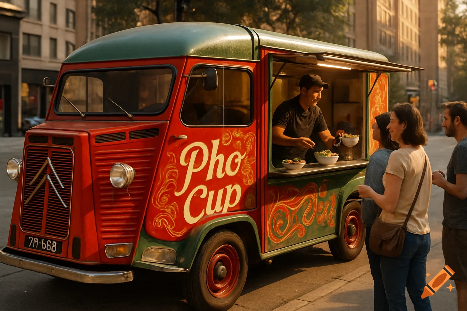 A photorealistic image of a red and green Citroën food truck named "Pho Cup" serving customers on a city street.