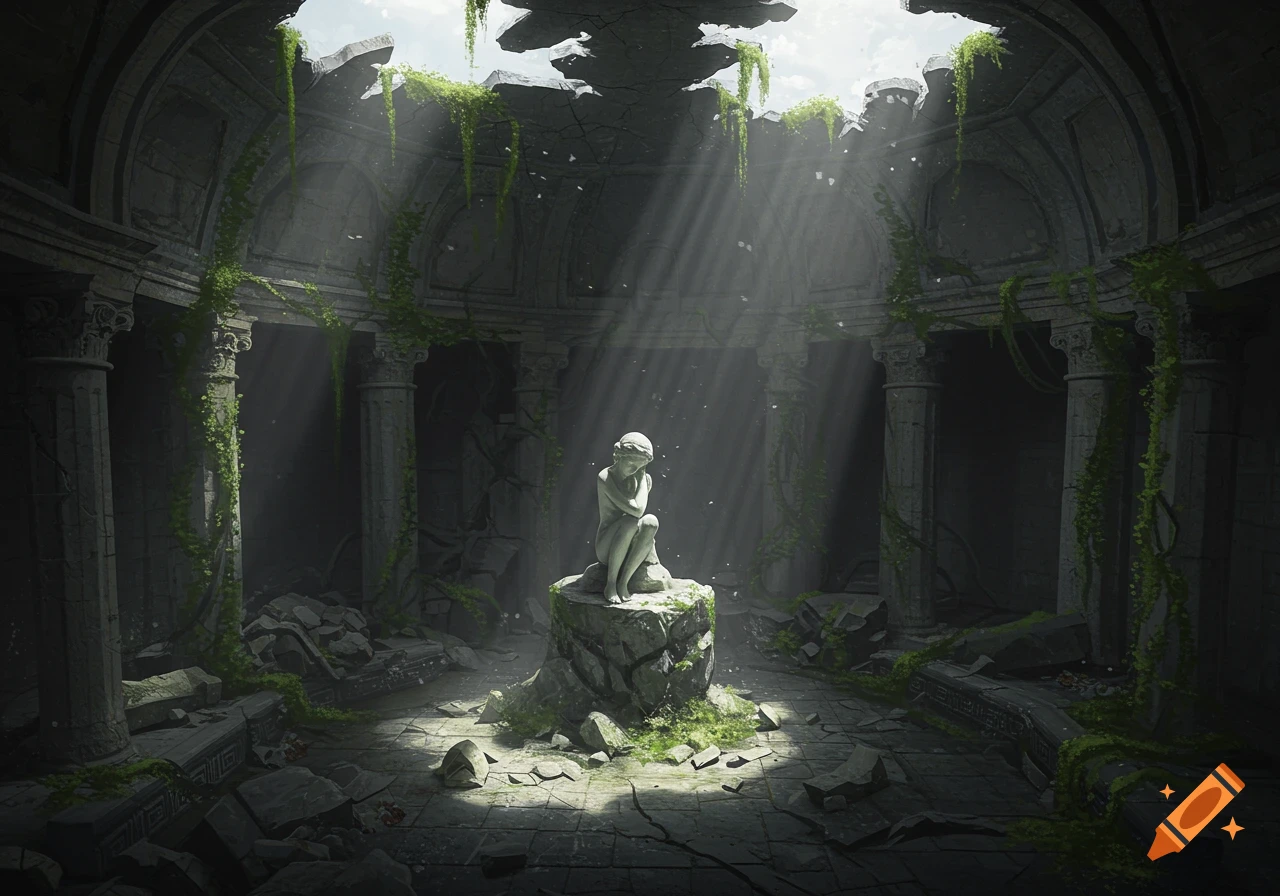 An illustration of a stone statue of a woman curling on a rock, bathed in light inside ancient, overgrown ruins.