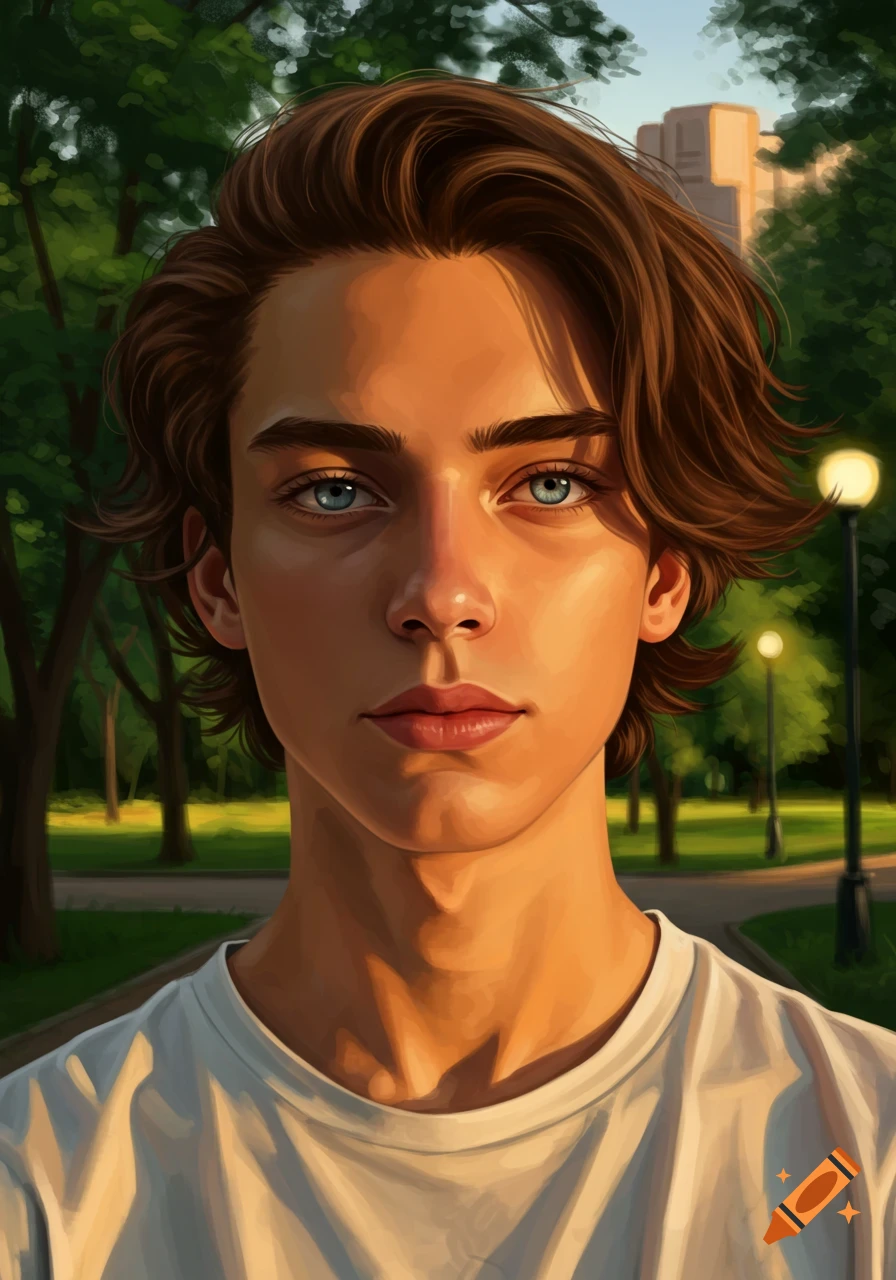 Digital painting of a young man with brown hair and blue-grey eyes, lit by warm sunlight in a park.