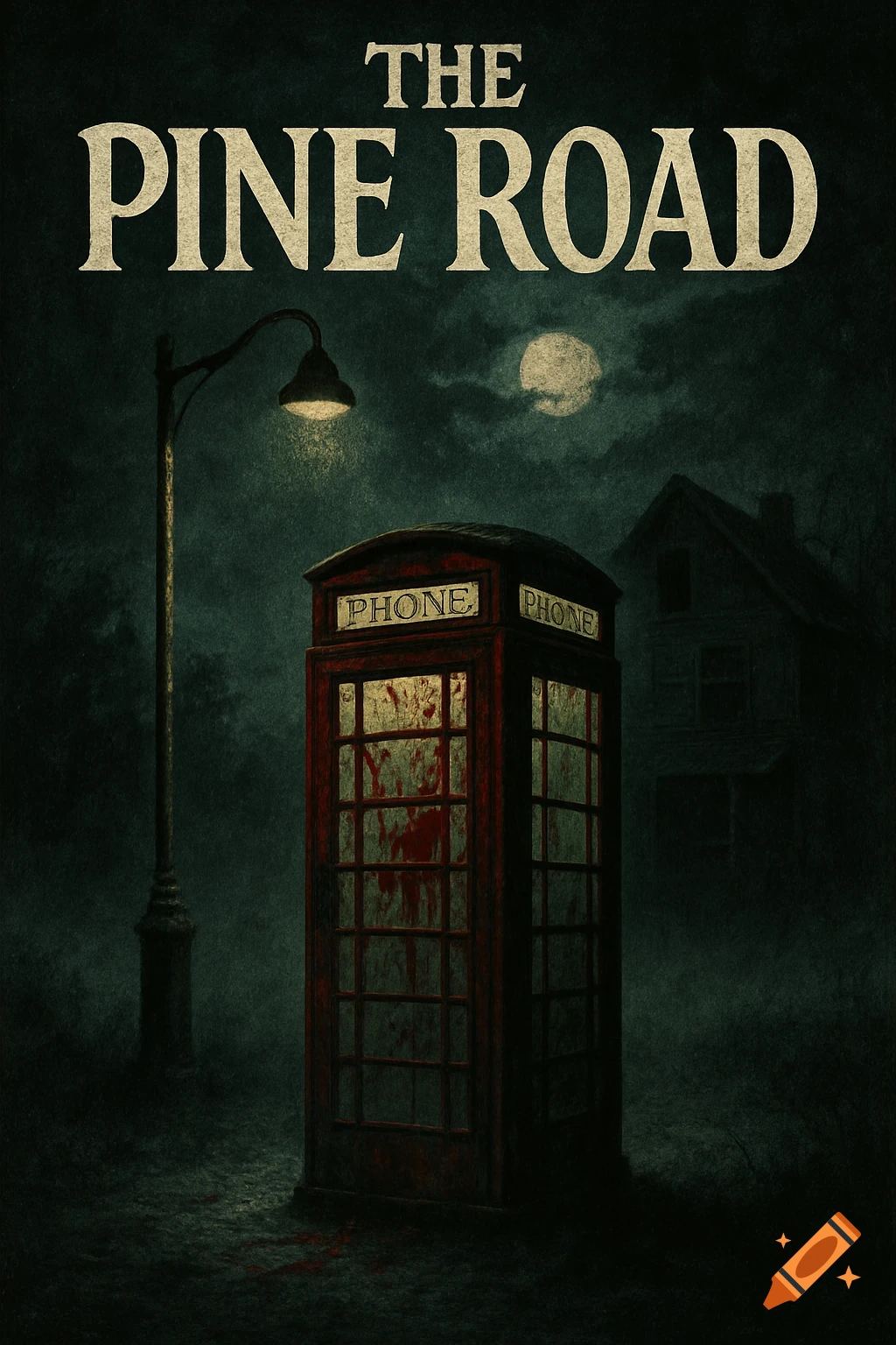A blood-splattered red phone booth under a streetlamp and full moon, with an old house in the background, in a dark, eerie, stylized scene.