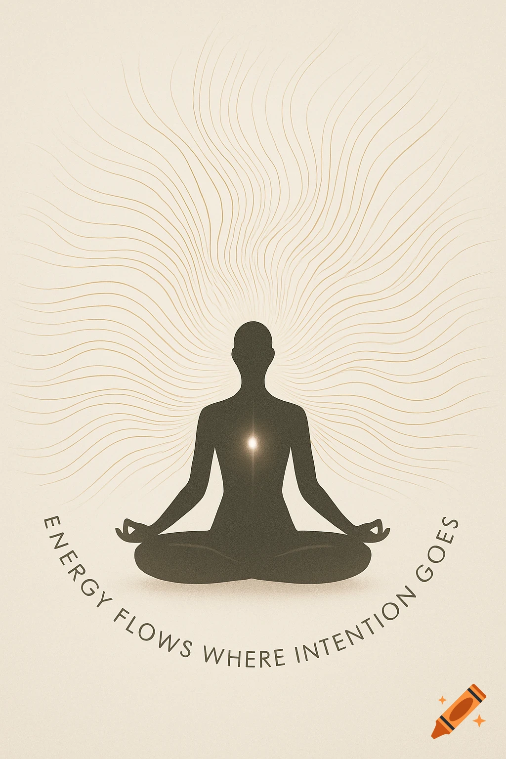Minimalist illustration of a meditating silhouette with light at its center and radiating lines, surrounded by the text 'Energy Flows Where Intention Goes'.