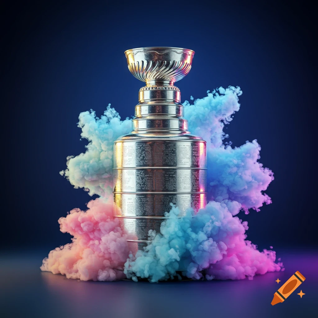 A silver trophy resembling the Stanley Cup, surrounded by vibrant pink and blue smoke on a dark background.
