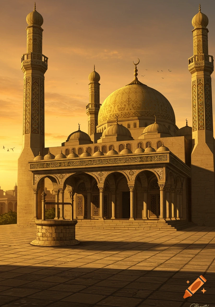 A grand mosque with two prominent minarets and a large dome, illuminated by the warm light of a sunset. A stone well sits in the foreground.