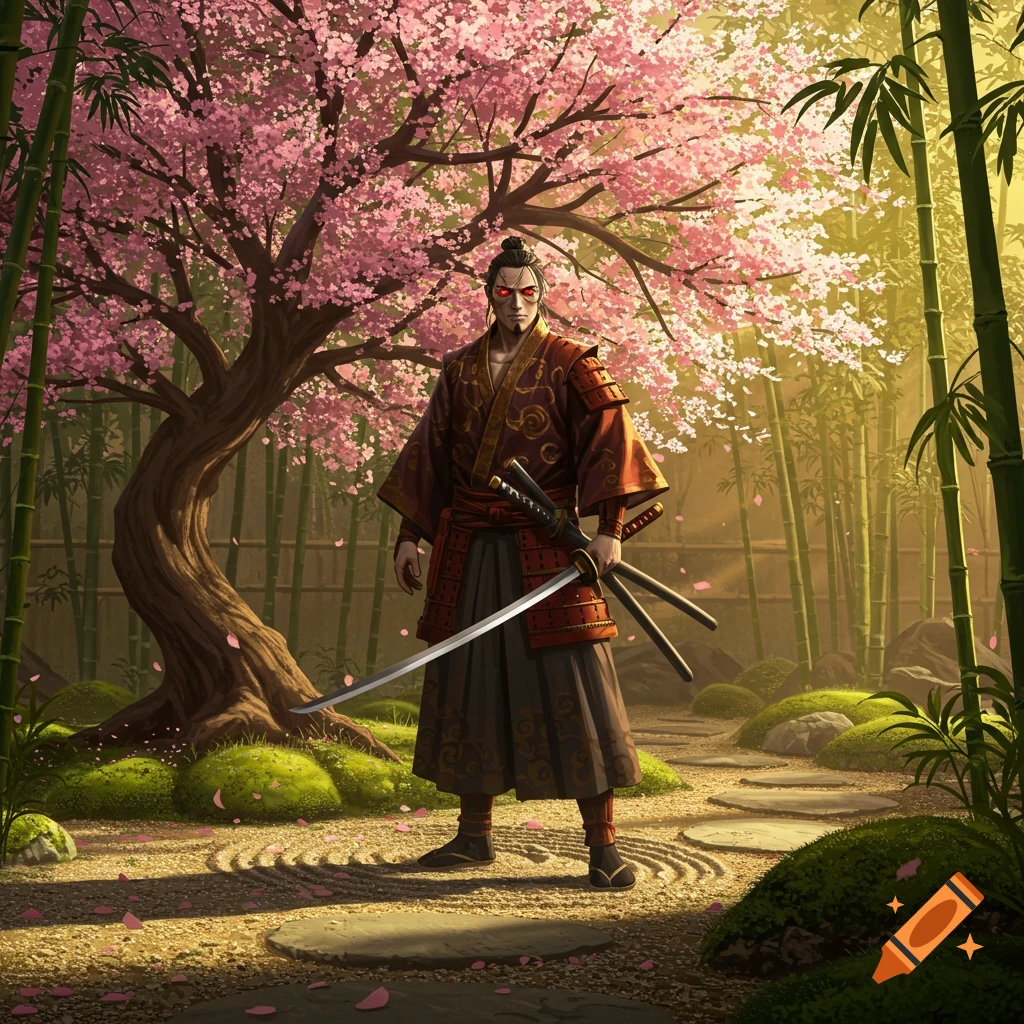 A samurai with glowing red eyes stands in a Japanese garden with a cherry blossom tree and bamboo.