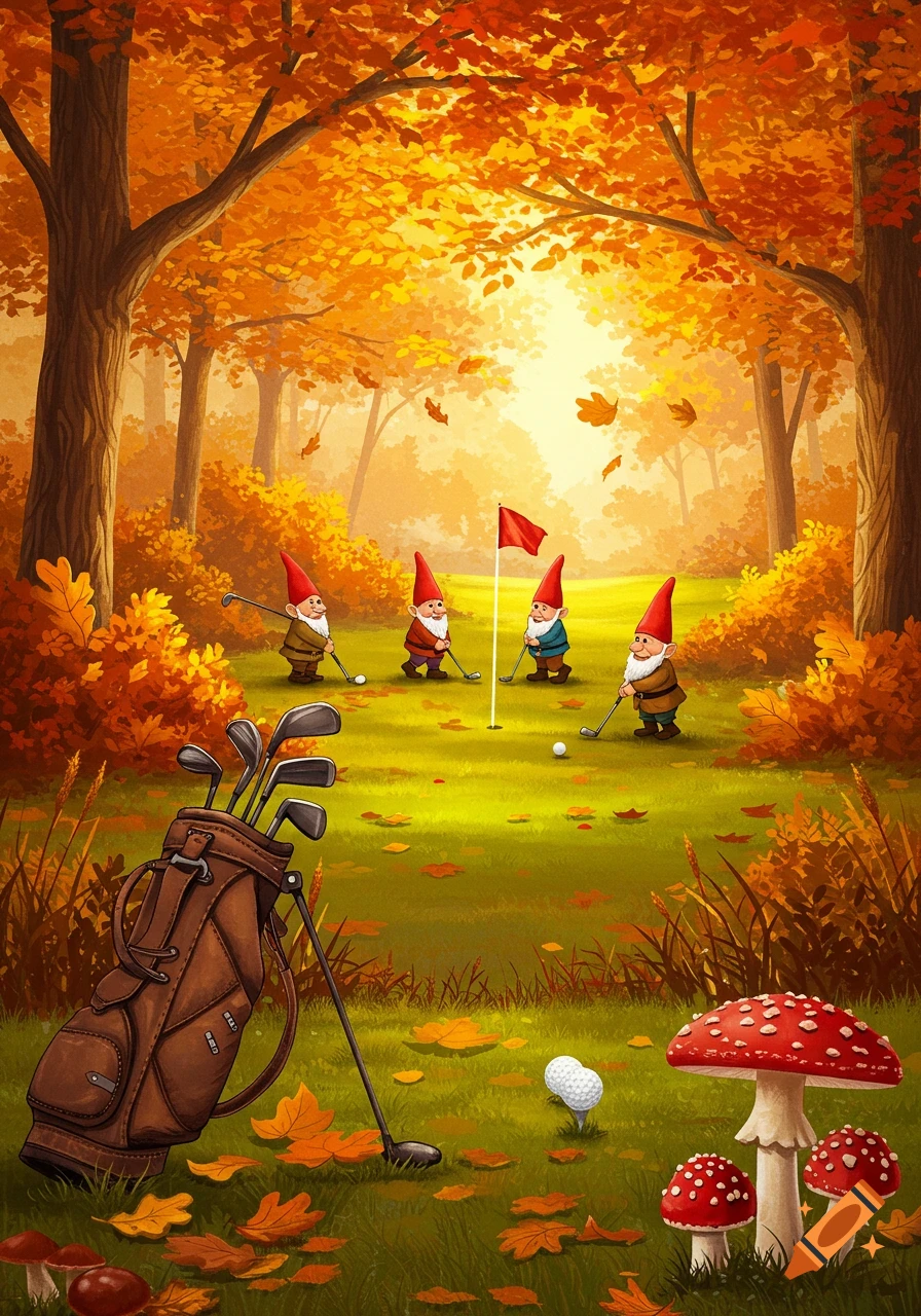 Four gnomes play golf in a vibrant autumn forest with colorful trees, a golf bag, and red-spotted mushrooms.