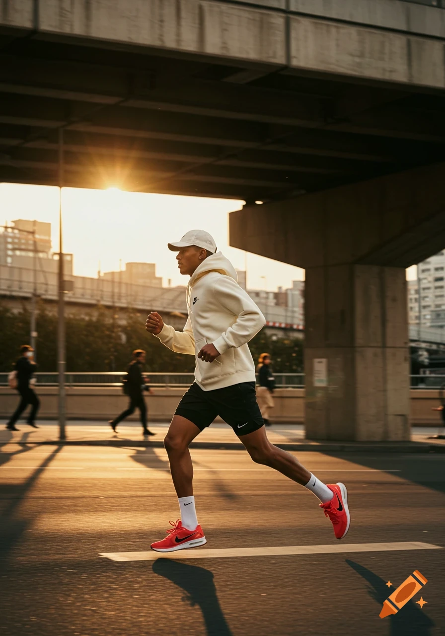 Stylish athletic man in Nike gear runs on an urban street at sunset, under an overpass with dramatic shadows.