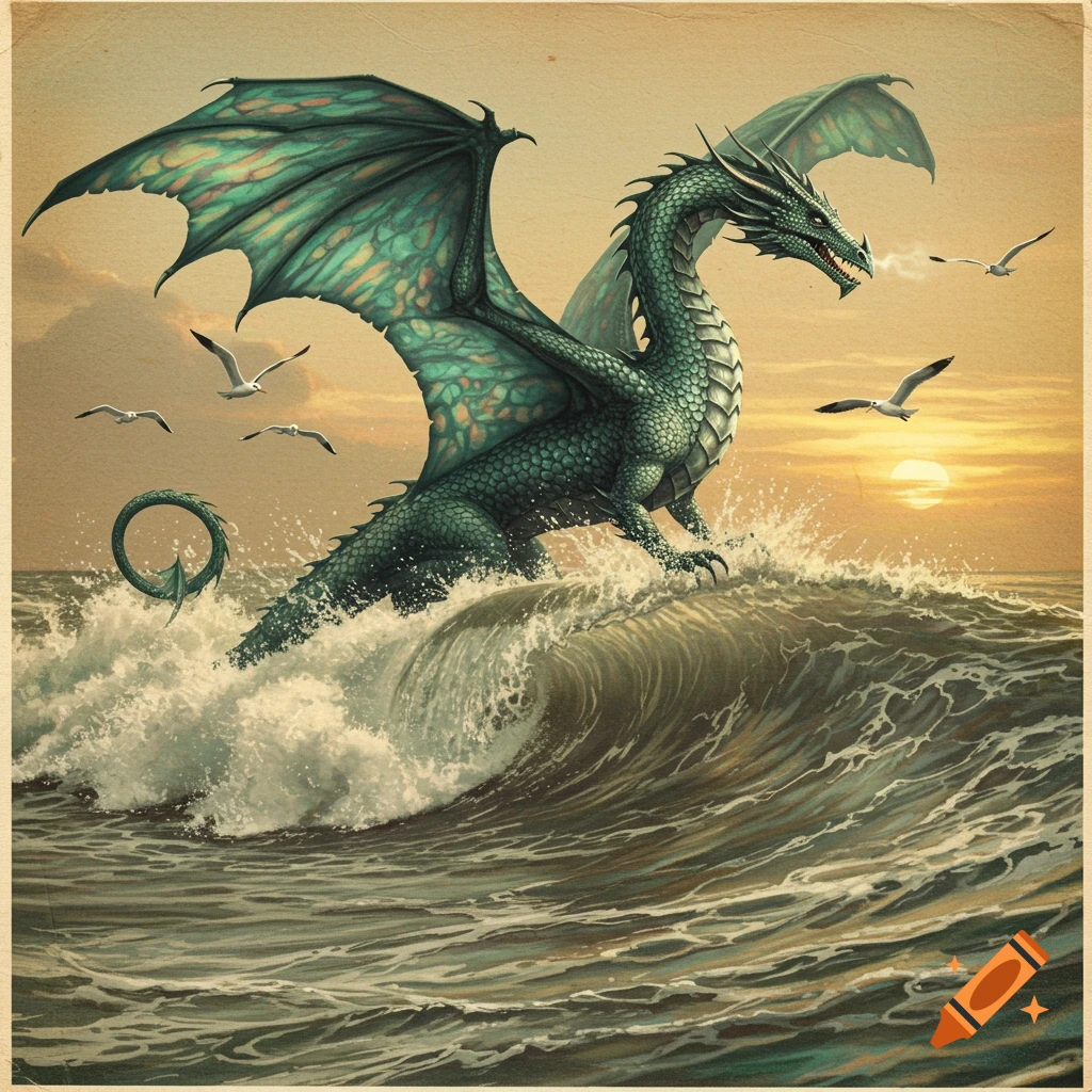 A green dragon with large wings rises from a breaking ocean wave at sunset, with seagulls flying, in a vintage art style.