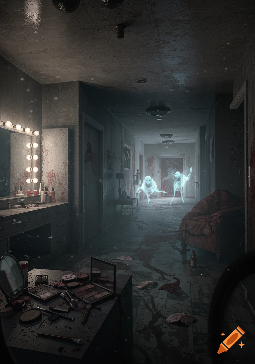A dark, blood-splattered backstage hallway with a makeup vanity, an old armchair, and two glowing, ghostly dog-like creatures in the distance.