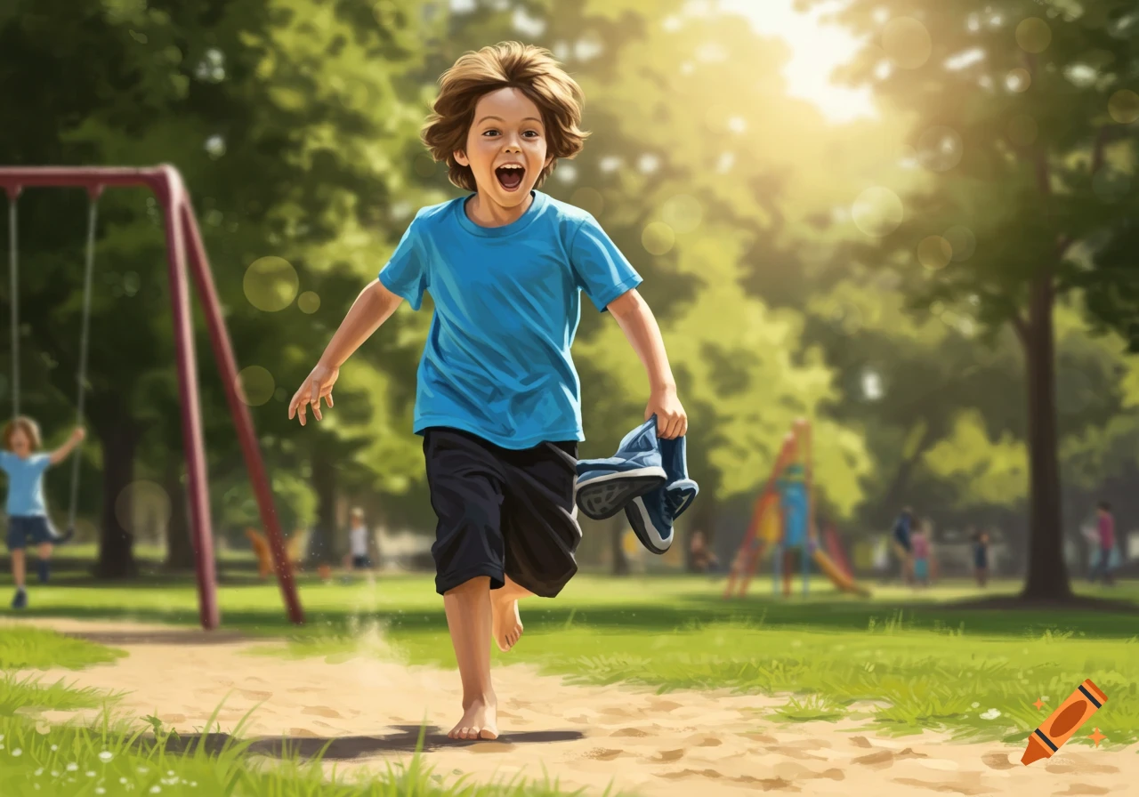 A delighted young boy runs barefoot through a sunny park playground, holding his blue shoes.