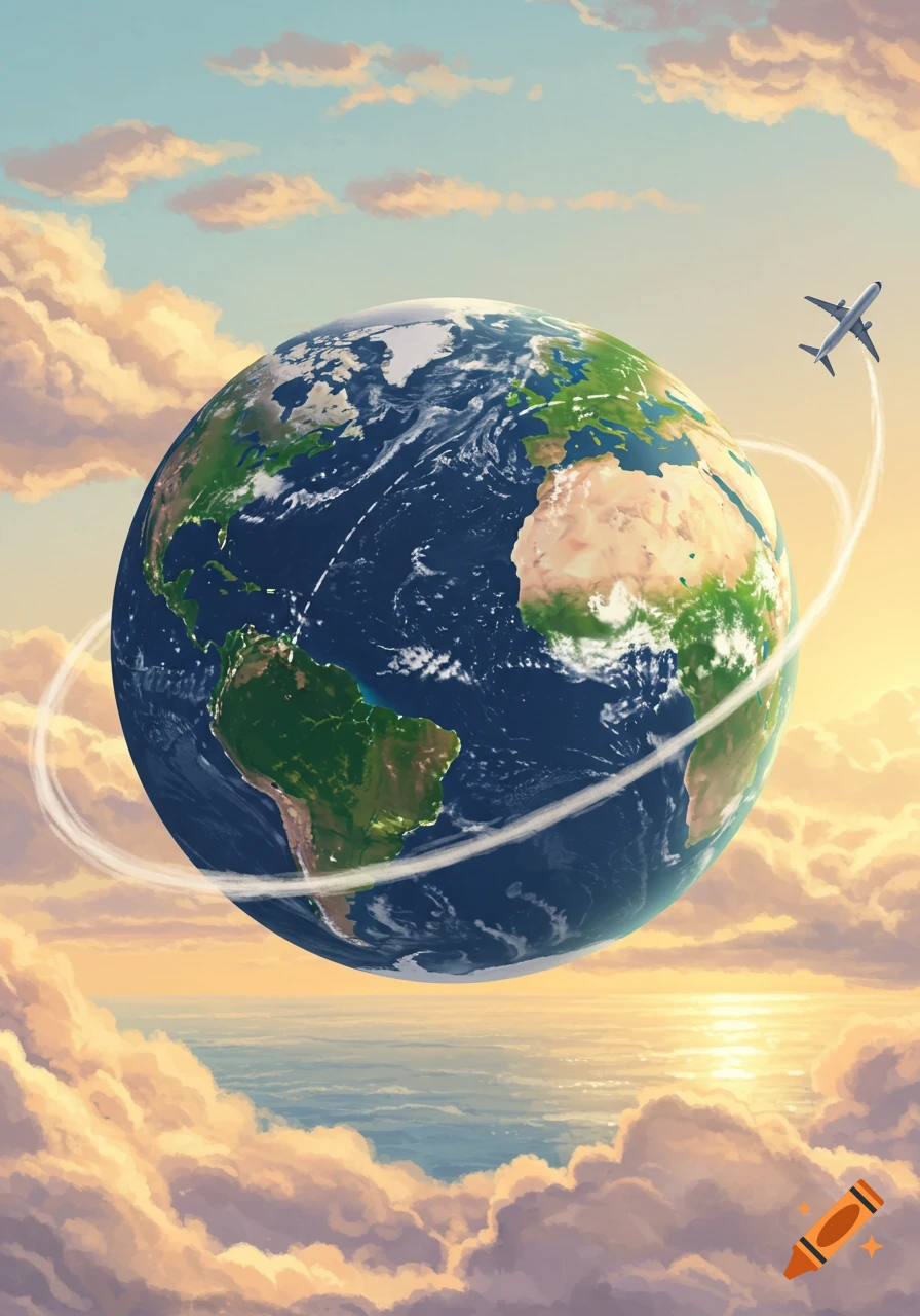 A stylized Earth globe with an airplane flying around it in a cloudy, sunny sky.