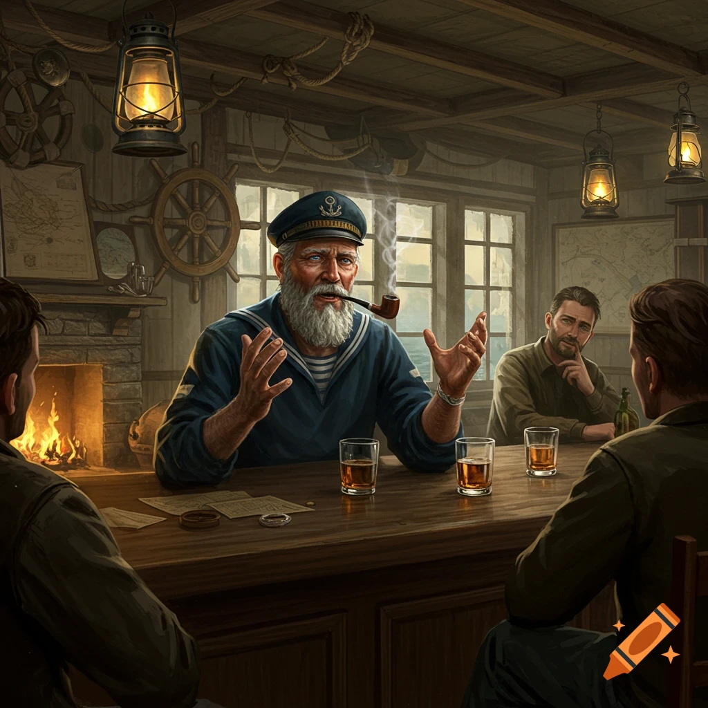 An old, bearded sailor in a captain's hat smokes a pipe, gesturing while telling a story to two men in a firelit, rustic bar.