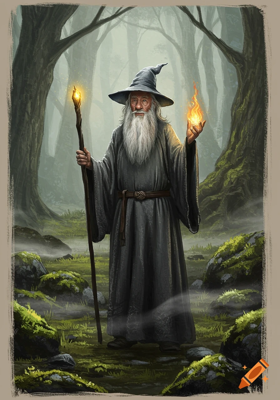 A wizard with a long white beard and pointed hat holds a glowing staff and fire in his hands, standing in a misty forest.