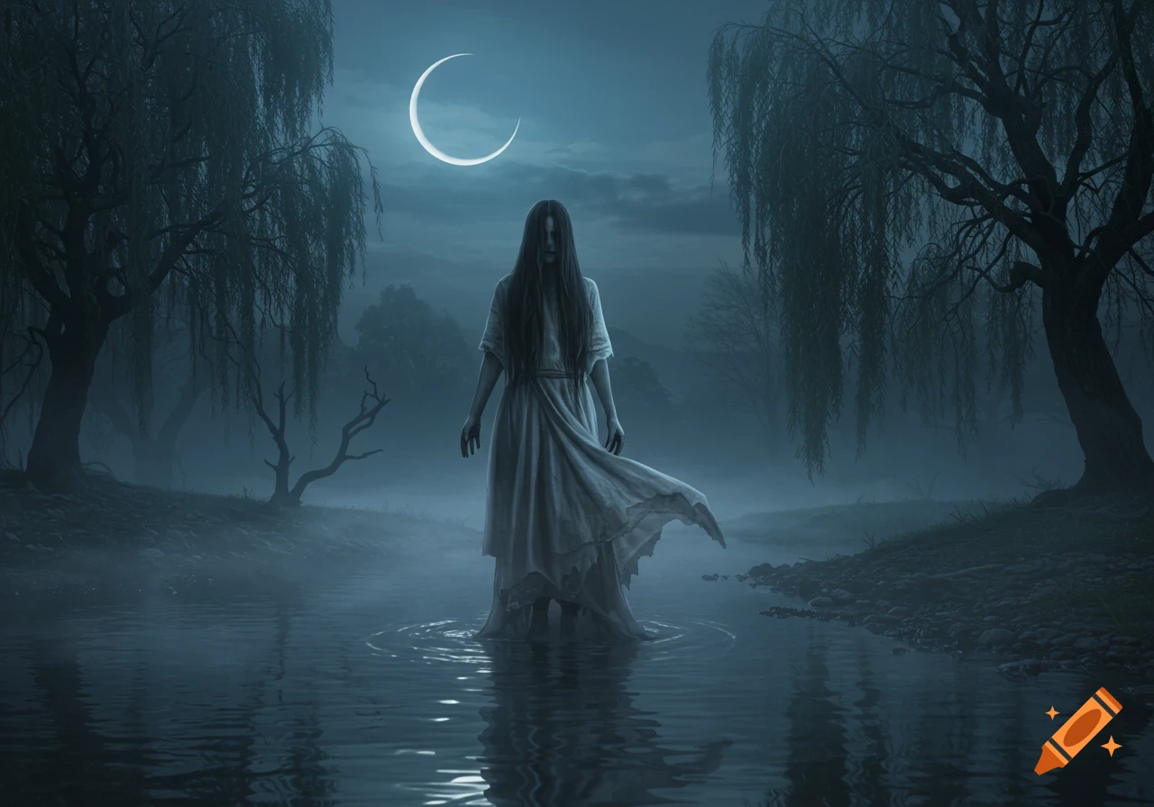 A ghostly woman with long dark hair stands in misty water under a crescent moon at night, surrounded by dark willow trees.