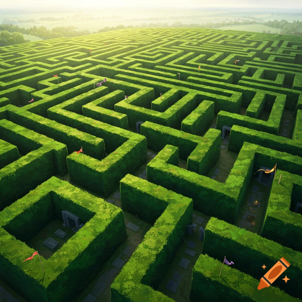 Aerial view of a vast, intricate green hedge maze with colorful flags and small stone structures under a hazy sky.