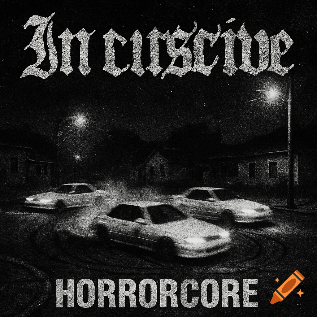 Black and white gritty album cover art featuring three cars drifting on a street at night, with streetlights, houses, and text reading "In cursive" and "HORRORCORE".
