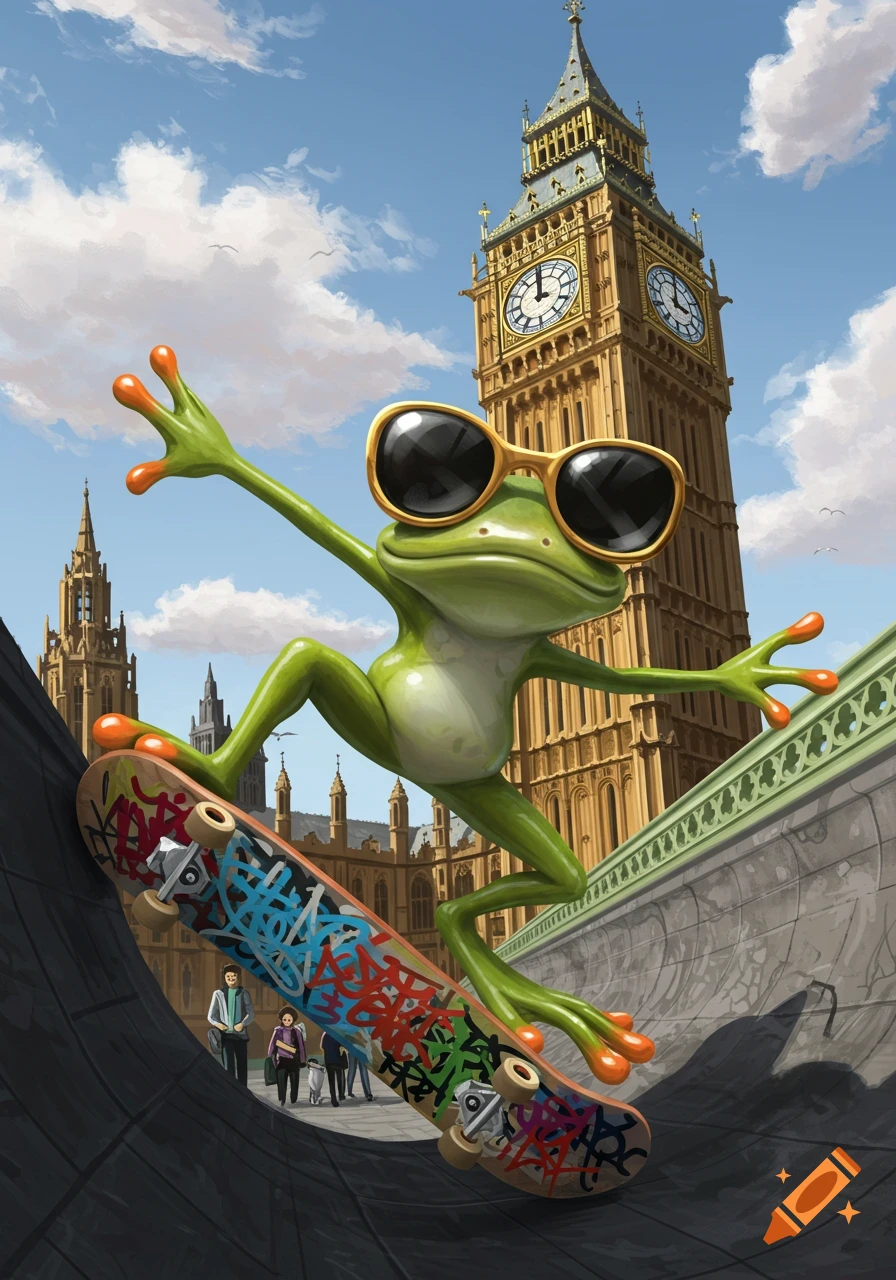 A cool cartoon frog wearing sunglasses skateboards on a graffiti-covered board in front of Big Ben and the Houses of Parliament.