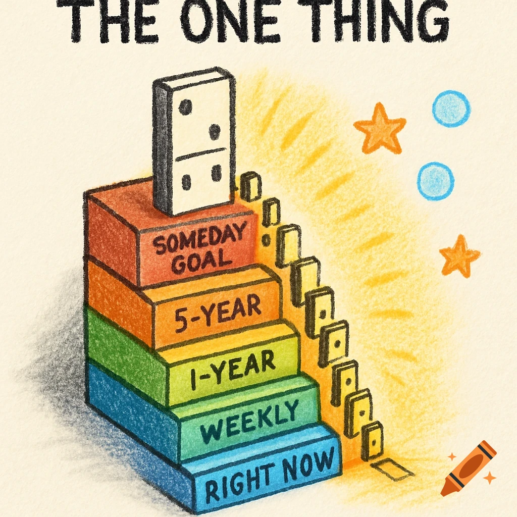 A crayon-style illustration of colored steps representing goals, with a domino on the top step and a chain of falling dominos beside it. Text on steps reads: 'SOMEDAY GOAL', '5-YEAR', '1-YEAR', 'WEEKLY', 'RIGHT NOW'. 'THE ONE THING' is at the top.