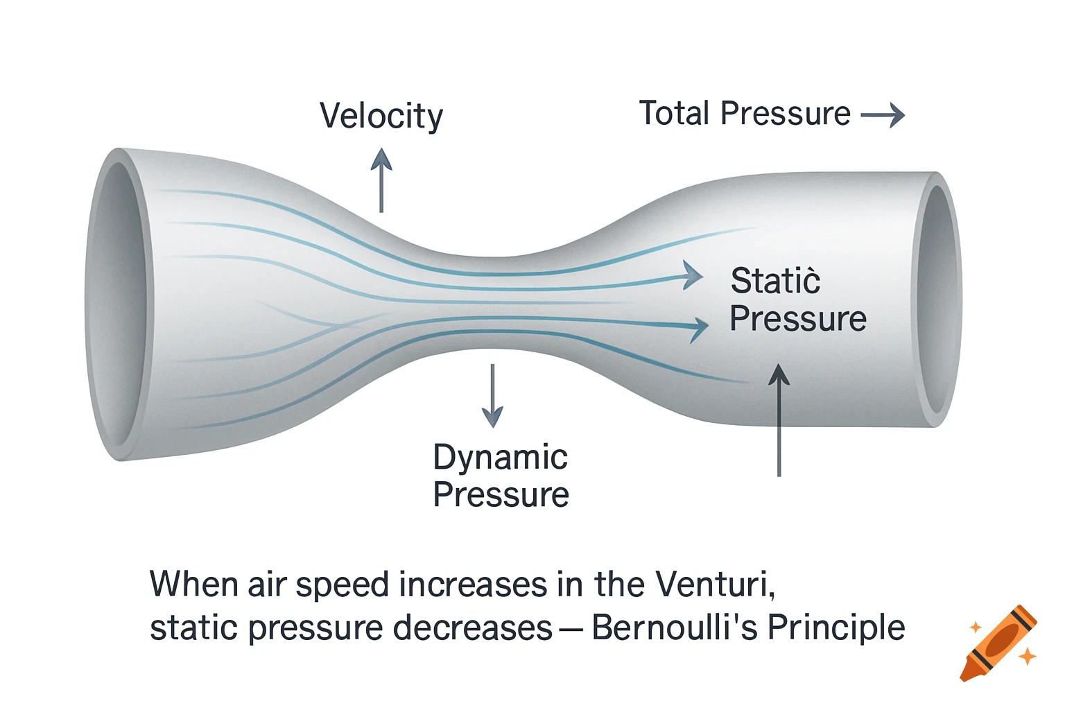 A 3D diagram of a Venturi tube showing airflow. Lines indicate air moving from a wide tube, narrowing, then expanding. Labels include Velocity, Total Pressure, Static Pressure (misspelled), and Dynamic Pressure, with arrows illustrating changes. A caption reads, "When air speed increases in the Venturi, static pressure decreases — Bernoulli’s Principle."
