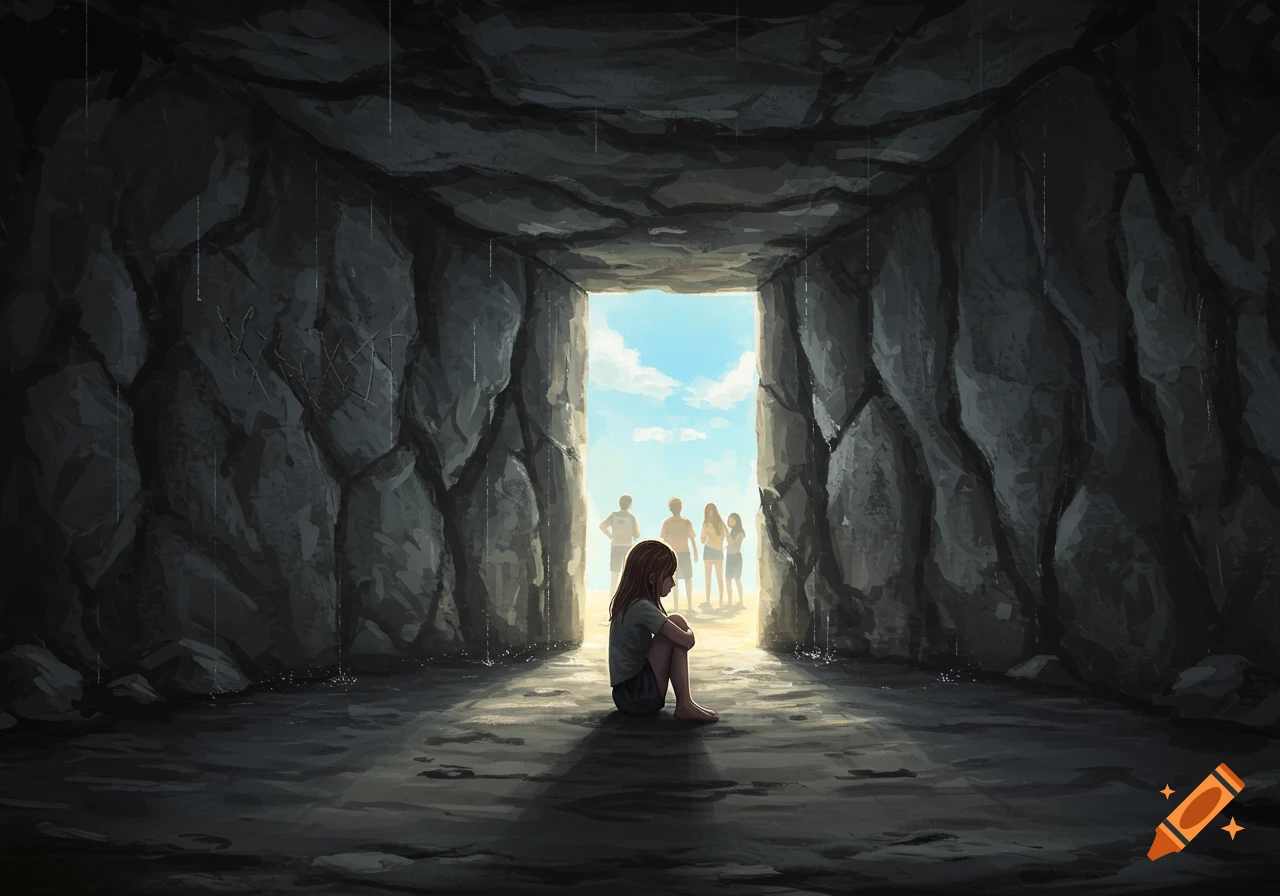A sad young girl sits alone in a dark cave, looking out at laughing teenagers in bright sunlight.