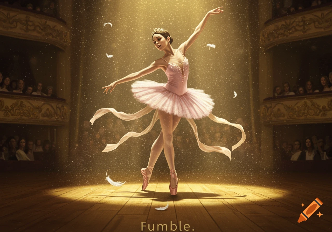A ballerina in a pink tutu dances on a golden lit stage, with the word 'Fumble' on the floor. Digital art.