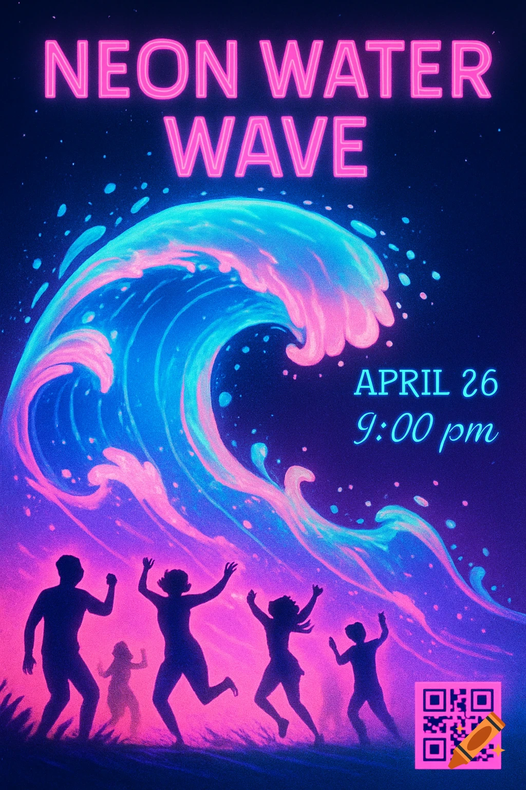A vibrant neon event poster for 'Neon Water Wave' featuring glowing pink and blue waves, dancing silhouettes, and event details.