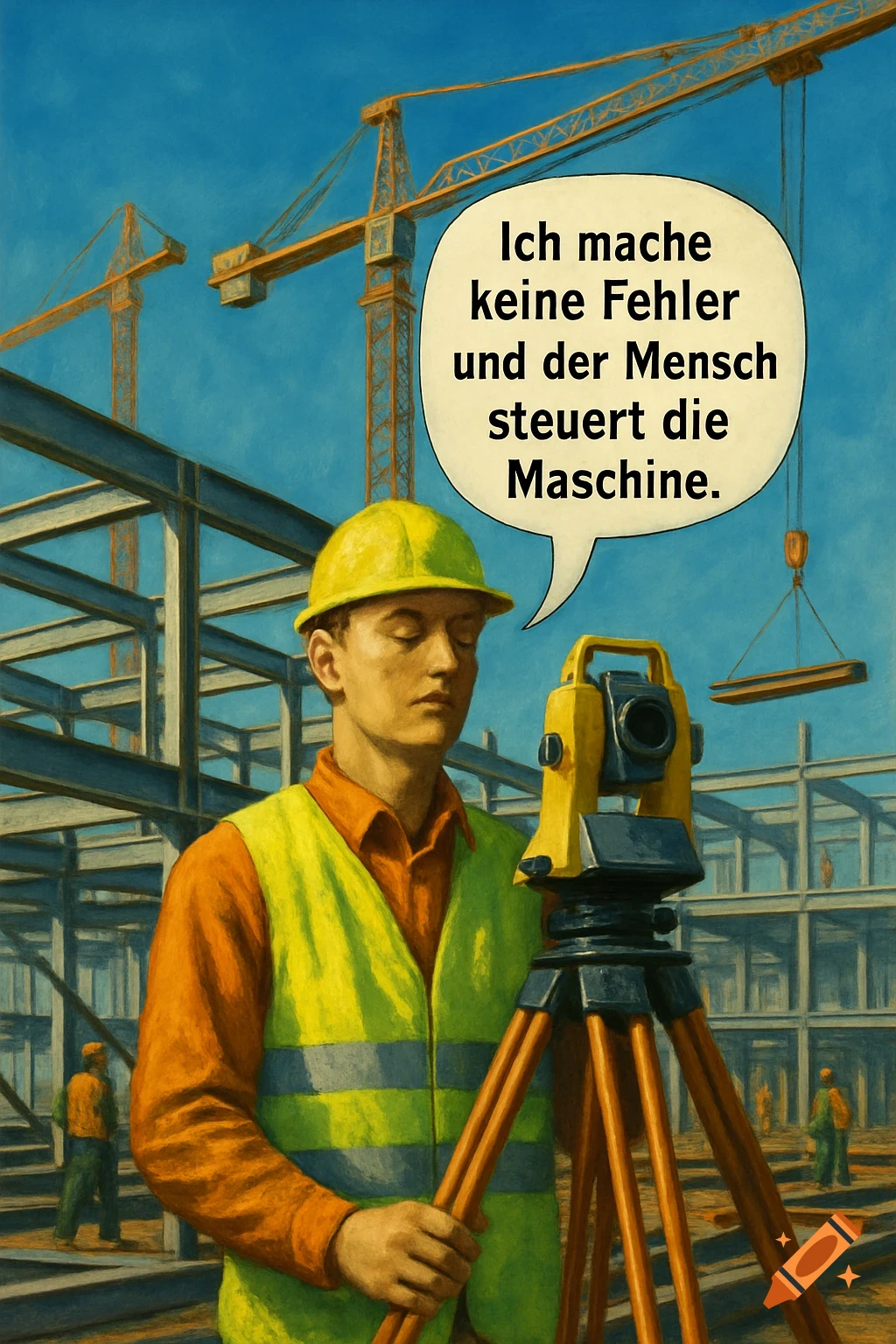 A construction worker in a yellow hard hat and safety vest stands with a surveying instrument on a construction site, with a speech bubble.